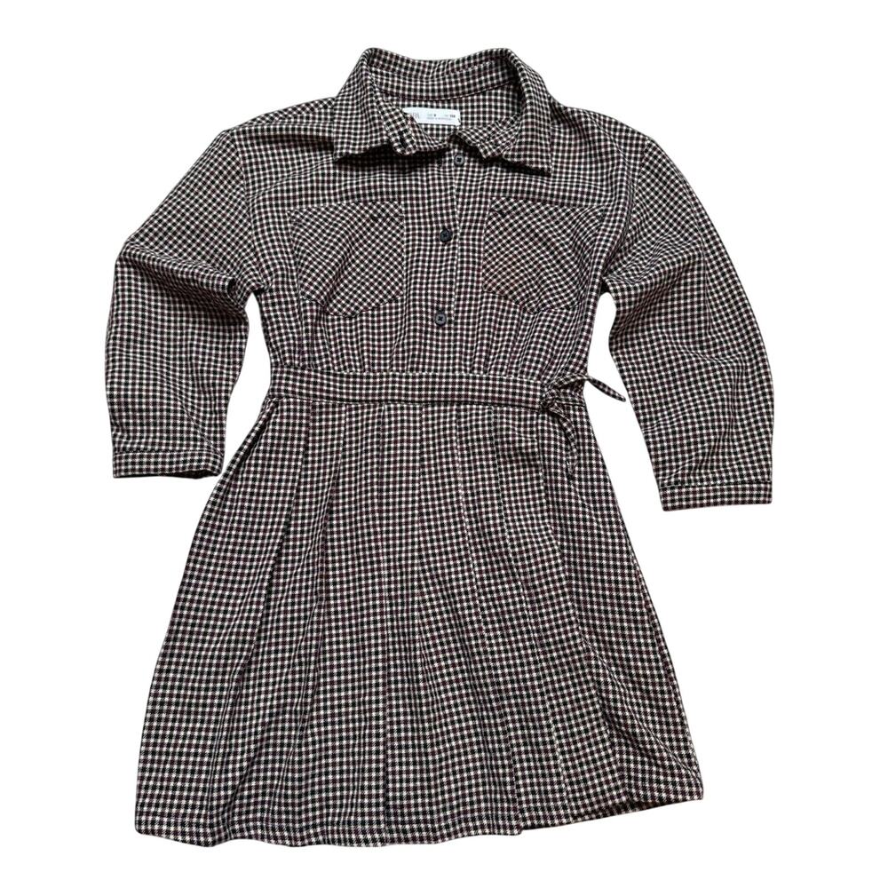 Zara Girls Maroon Houndstooth Pleated Dress 9 - Picture 2 of 10